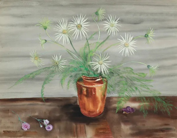 Rafał Malczewski, BIAŁE KWIATY W BRĄZOWYM WAZONIE, 1942