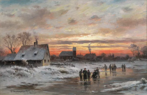 Paul Heitinger, Pejzaż zimowy o zachodzie słońca, 1901