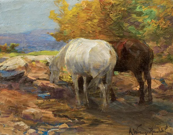 Alfred Wierusz-Kowalski, KONIE U WODOPOJU, ok. 1905
