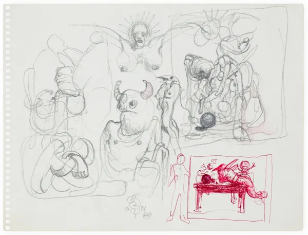 Franciszek Starowieyski, KARTKA ZE SZKICOWNIKA: SZKICE SCEN I POSTACI, 1