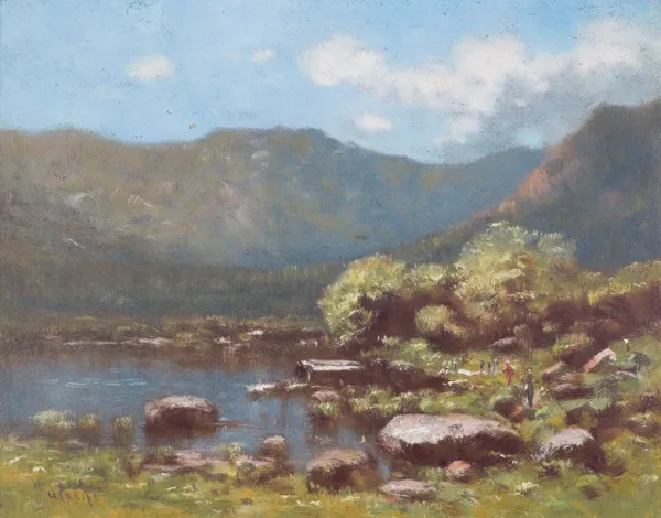 Władysław Aleksander Malecki, PEJZAŻ ALPEJSKI Z JEZIOREM, ok. 1890