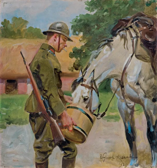 Wojciech Kossak, ŻOŁNIERZ POJĄCY KONIA, 1927