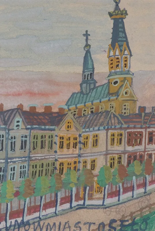 Nikifor Krynicki, PEJZAŻ MIEJSKI Z KOŚCIOŁEM, LATA 60. XX W.