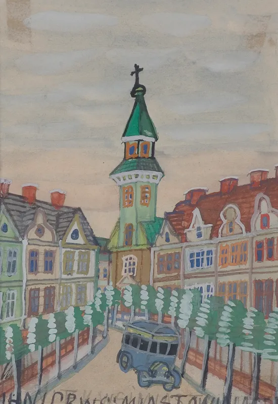 Nikifor Krynicki, WIDOK MIEJSKI Z SAMOCHODEM, LATA 60. XX W.