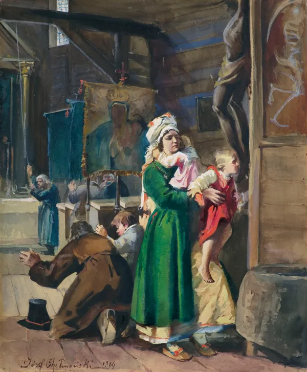 Józef Chełmoński, W WIEJSKIM KOŚCIÓŁKU, 1886