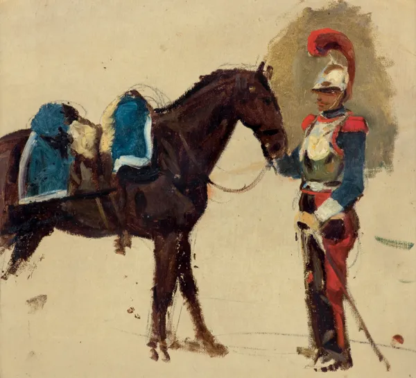 Piotr Michałowski, KIRASJER TRZYMAJĄCY KONIA ZA UZDĘ, OK. 1832