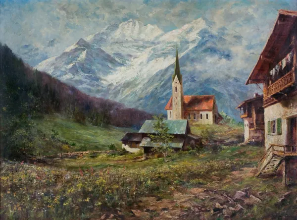 Georg (George) Majewicz, PEJZAŻ ALPEJSKI Z KOŚCIOŁEM