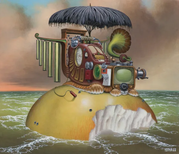 Jacek Yerka, SMARTFON ANALOGOWY NA BEZLUDNYM JABŁKU, 2022