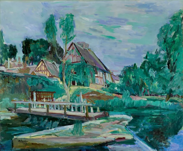Henryk Epstein, KRAJOBRAZ Z DOMAMI NAD STAWEM, 1934