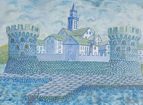 Jan Płaskociński, WIDOK MIEJSKI Z BASZTAMI, 1963