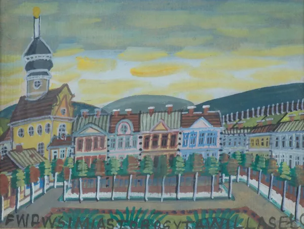 Nikifor Krynicki, PEJZAŻ MIEJSKI Z SYNAGOGĄ, ok. 1955