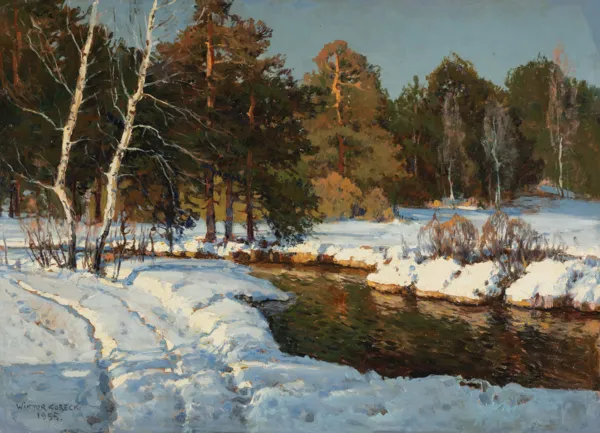 Wiktor Korecki, PEJZAŻ ZIMOWY Z RZEKĄ, 1955