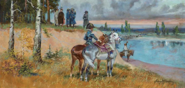 Jerzy Kossak, NAPOLEON OBSERWUJĄCY PRZEPRAWĘ PRZEZ RZEKĘ, 1941