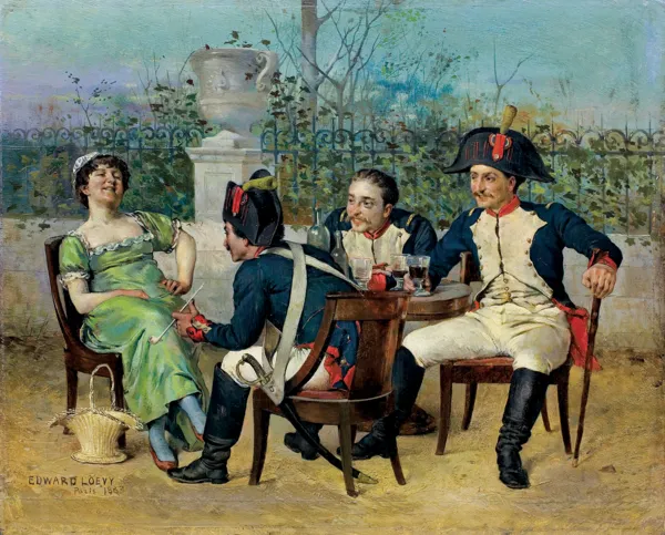 Edward Loevy, FLIRT PRZY WINIE, ŻOŁNIERZE I DZIEWCZYNA, 1883