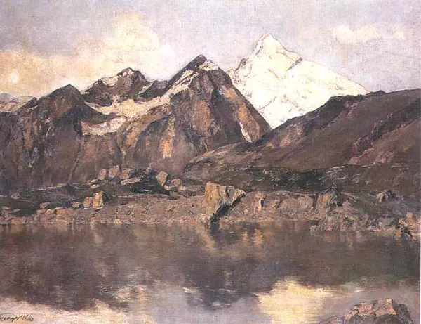 Autor nierozpoznany, Widok na Weisshorn znad Zielonego Stawu