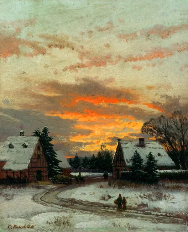 Carl Gustav  Rodde, Krajobraz zimowy z zachodzącym słońcem, 1929