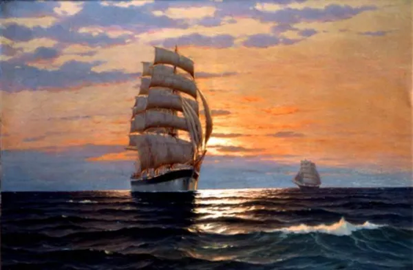 Martin Franz Glüsing, Żagkowce o zachodzie słońca, ok. 1920