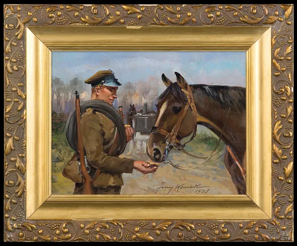 Jerzy Kossak, UŁAN KARMIĄCY KONIA, 1937