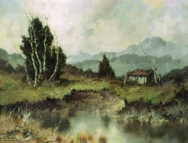 Ernst Bröcker, Pejzaż górski z wodą i szałasem, ok. 1930