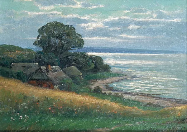 Adolf Rheinert, Pejzaż nadmorski z chatami, 1915