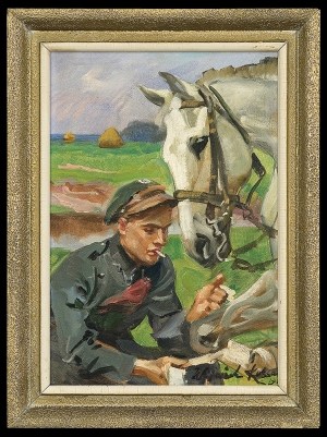 Wojciech Kossak, UŁAN OPATRUJĄCY KONIA, 1936