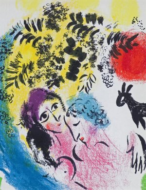 Marc Chagall, KOCHANKOWIE Z CZERWONYM SŁOŃCEM, 1960