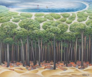 Jacek Yerka, WYJAZD NAD MORZE, 2025, pastel, papier naklejony na tekturę Jacek Yerka, WYJAZD NAD MORZE, 2025