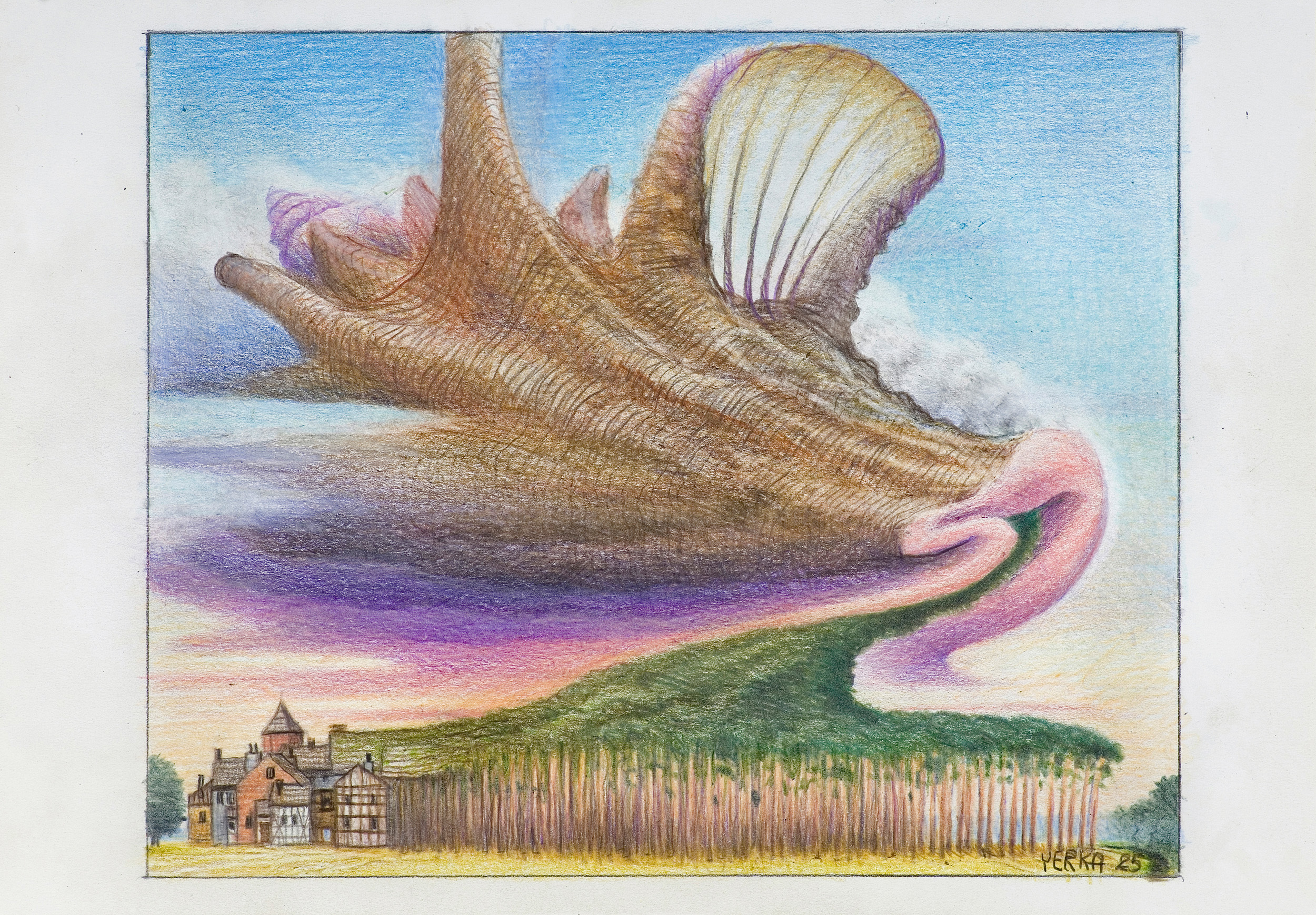 Jacek Yerka, ŻEGLARZ KOCIEWSKI, 2025, kredki, ołówek, karton Jacek Yerka, ŻEGLARZ KOCIEWSKI, 2025