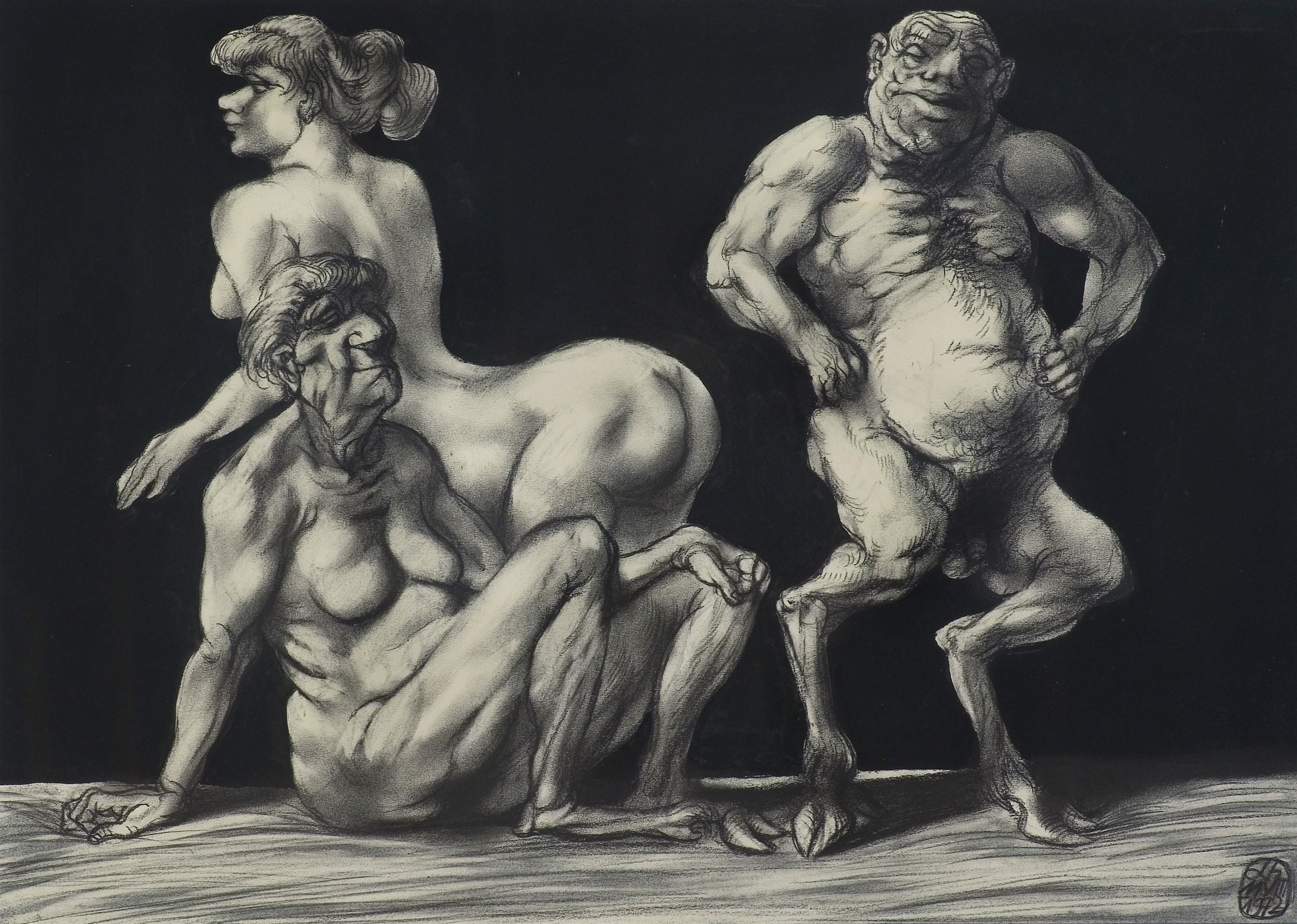 Adam Hoffmann, SCENA Z SATYREM, 1972, kredka czarna, tusz pędzel, papier Adam Hoffmann, SCENA Z SATYREM, 1972