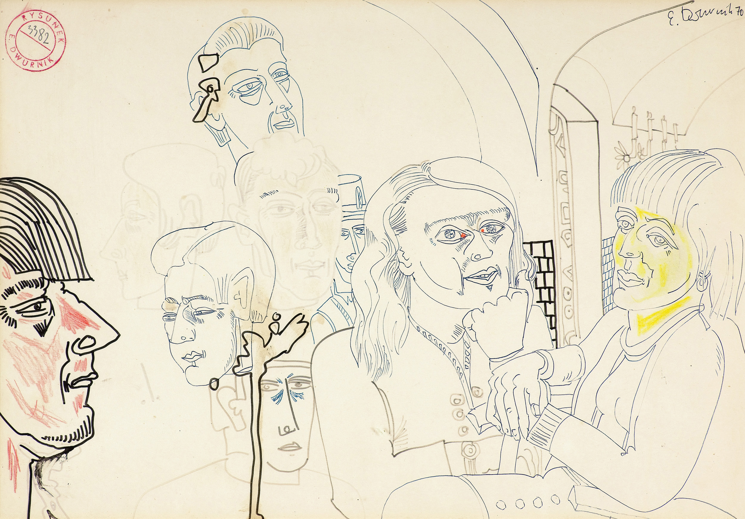Edward Dwurnik, KAWIARNIA III, Z CYKLU „LEGNICA”, 1970, flamaster, długopis, kredki, papier Edward Dwurnik, KAWIARNIA III, Z CYKLU „LEGNICA”, 1970