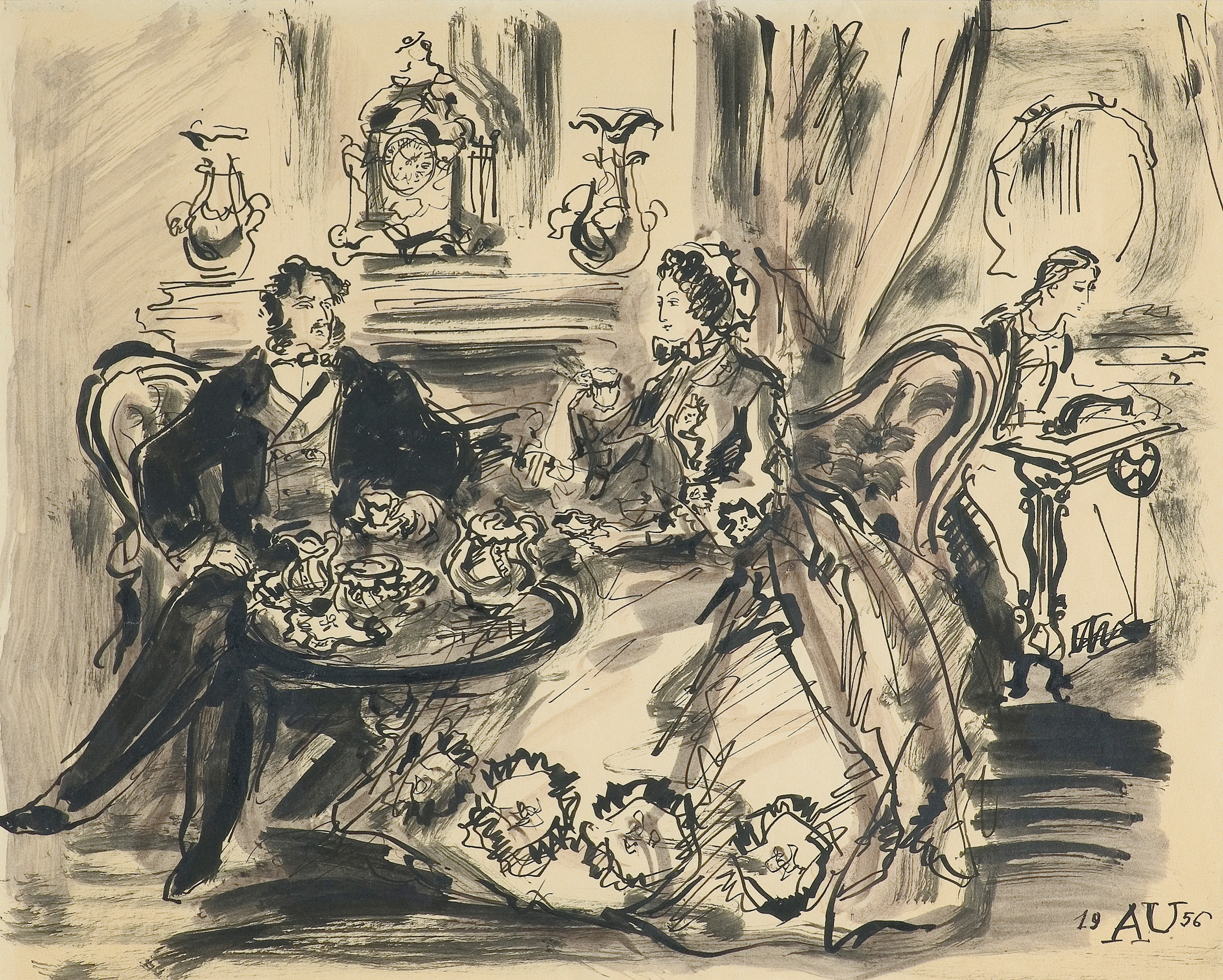 Antoni Uniechowski, W SALONIE, 1956, tusz pióro, pędzel, papier Antoni Uniechowski, W SALONIE, 1956