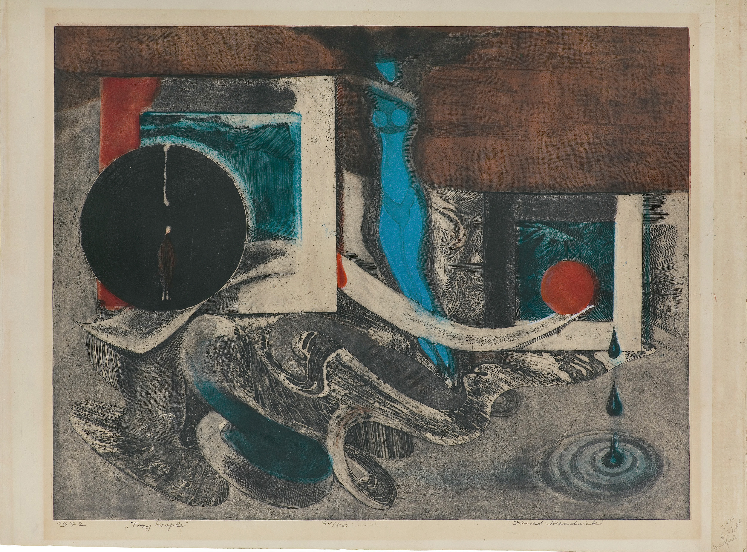 Konrad Srzednicki, TRZY KROPLE, 1972, akwaforta, akwatinta barwna, wypukłodruk, papier Konrad Srzednicki, TRZY KROPLE, 1972