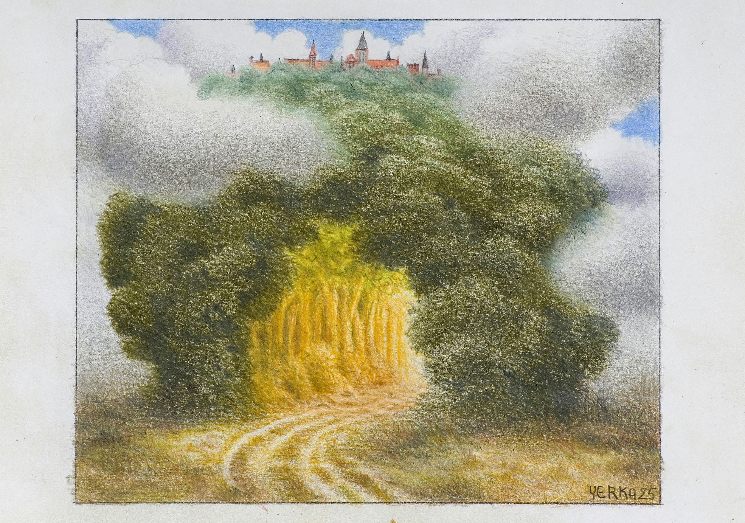 Jacek Yerka, CHEŁMNO NA POCZĄTEK, 2025, kredki, ołówek, karton Jacek Yerka, CHEŁMNO NA POCZĄTEK, 2025