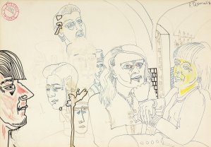Edward Dwurnik, KAWIARNIA III, Z CYKLU „LEGNICA”, 1970, flamaster, długopis, kredki, papier Edward Dwurnik, KAWIARNIA III, Z CYKLU „LEGNICA”, 1970