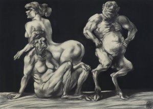 Adam Hoffmann, SCENA Z SATYREM, 1972, kredka czarna, tusz pędzel, papier Adam Hoffmann, SCENA Z SATYREM, 1972