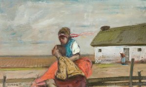 Janusz Lewandowski, SCENA RODZAJOWA W PEJZAŻU, olej, płótno Janusz Lewandowski, SCENA RODZAJOWA W PEJZAŻU