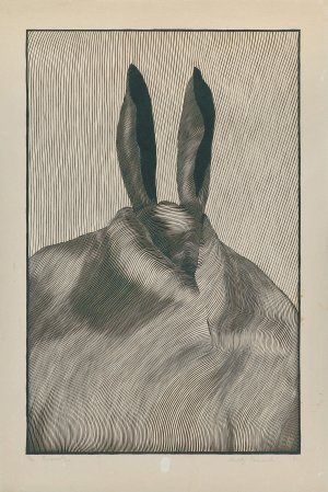 Krzysztof Witold Skórczewski, ZAJĄCZEK, 1972, linoryt, papier kremowy Krzysztof Witold Skórczewski, ZAJĄCZEK, 1972