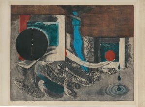 Konrad Srzednicki, TRZY KROPLE, 1972, akwaforta, akwatinta barwna, wypukłodruk, papier Konrad Srzednicki, TRZY KROPLE, 1972