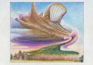 Jacek Yerka, ŻEGLARZ KOCIEWSKI, 2025, kredki, ołówek, karton Jacek Yerka, ŻEGLARZ KOCIEWSKI, 2025