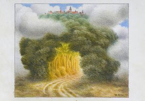 Jacek Yerka, CHEŁMNO NA POCZĄTEK, 2025, kredki, ołówek, karton Jacek Yerka, CHEŁMNO NA POCZĄTEK, 2025