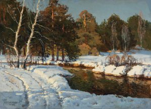Wiktor Korecki, PEJZAŻ ZIMOWY Z RZEKĄ, 1955
